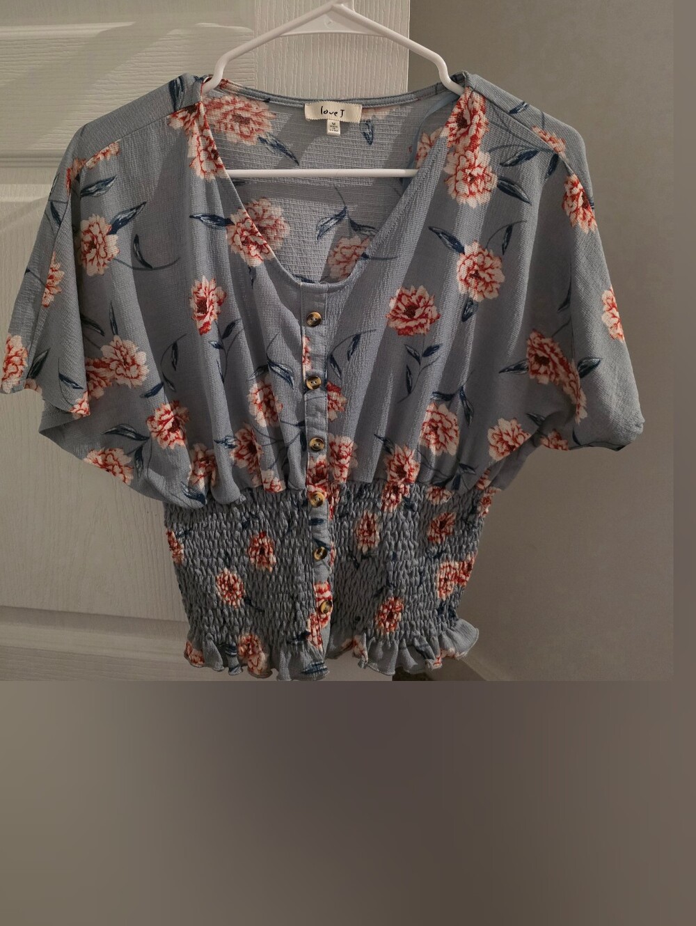 love J Light Blue Floral Button-Front Smocked Waist Top